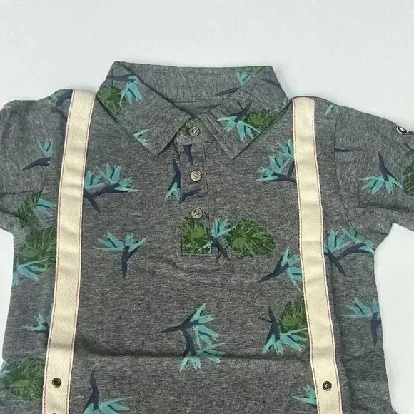 NWT Mini Shatsu Aloha Suspenders Polo Tropical/Birds Grey Toddler Boy 2T - Picture 2 of 13